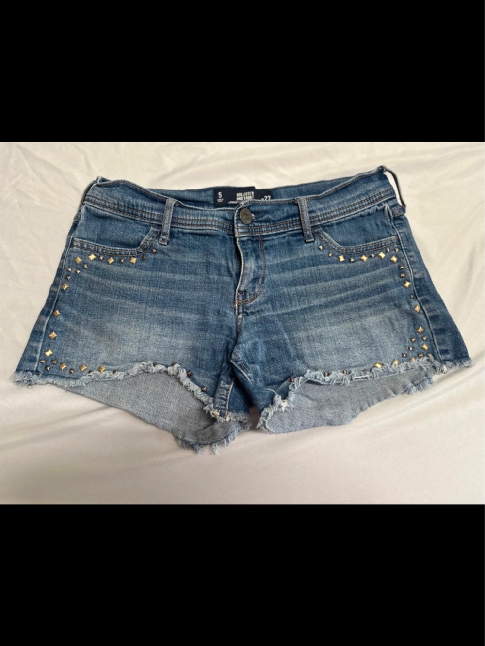 Hollister Medium Blue Frayed Hem Denim Shorts with Gold Studs